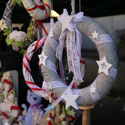 Close-up of christmas decorations hanging in market
