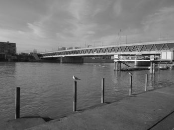 Bridge over river in city against sky