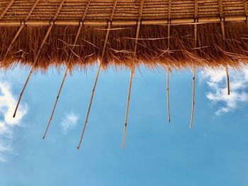 Directly below shot of thatched roof parasol against blue sky