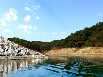 Scenic view of river by tree mountains against sky