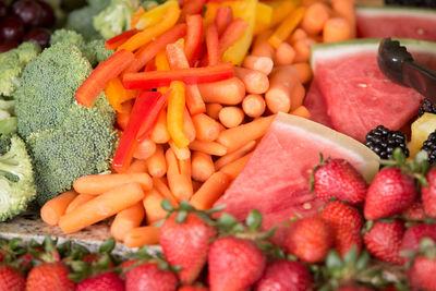 Close-up of various chopped vegetables with fruits