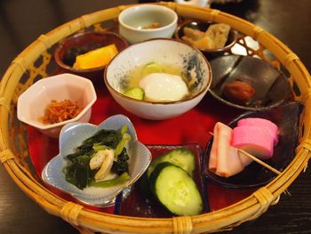 High angle view of food in plate on table