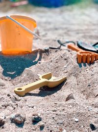 High angle view of toy on beach