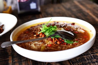 Close-up of soup in bowl on table