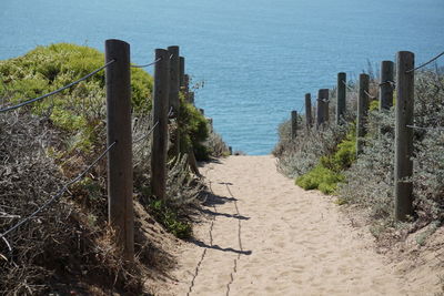 Wooden posts on footpath by sea