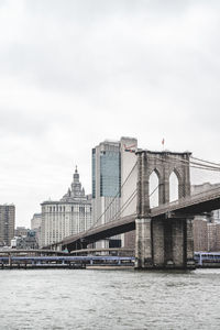 Bridge over river with city in background