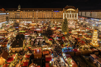 High angle view of illuminated market at night