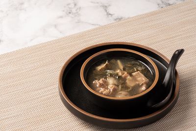 High angle view of food in plate on table