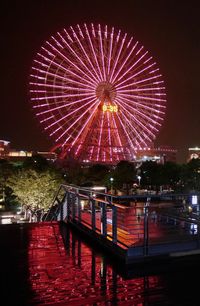 Illuminated ferris wheel by river against sky at night