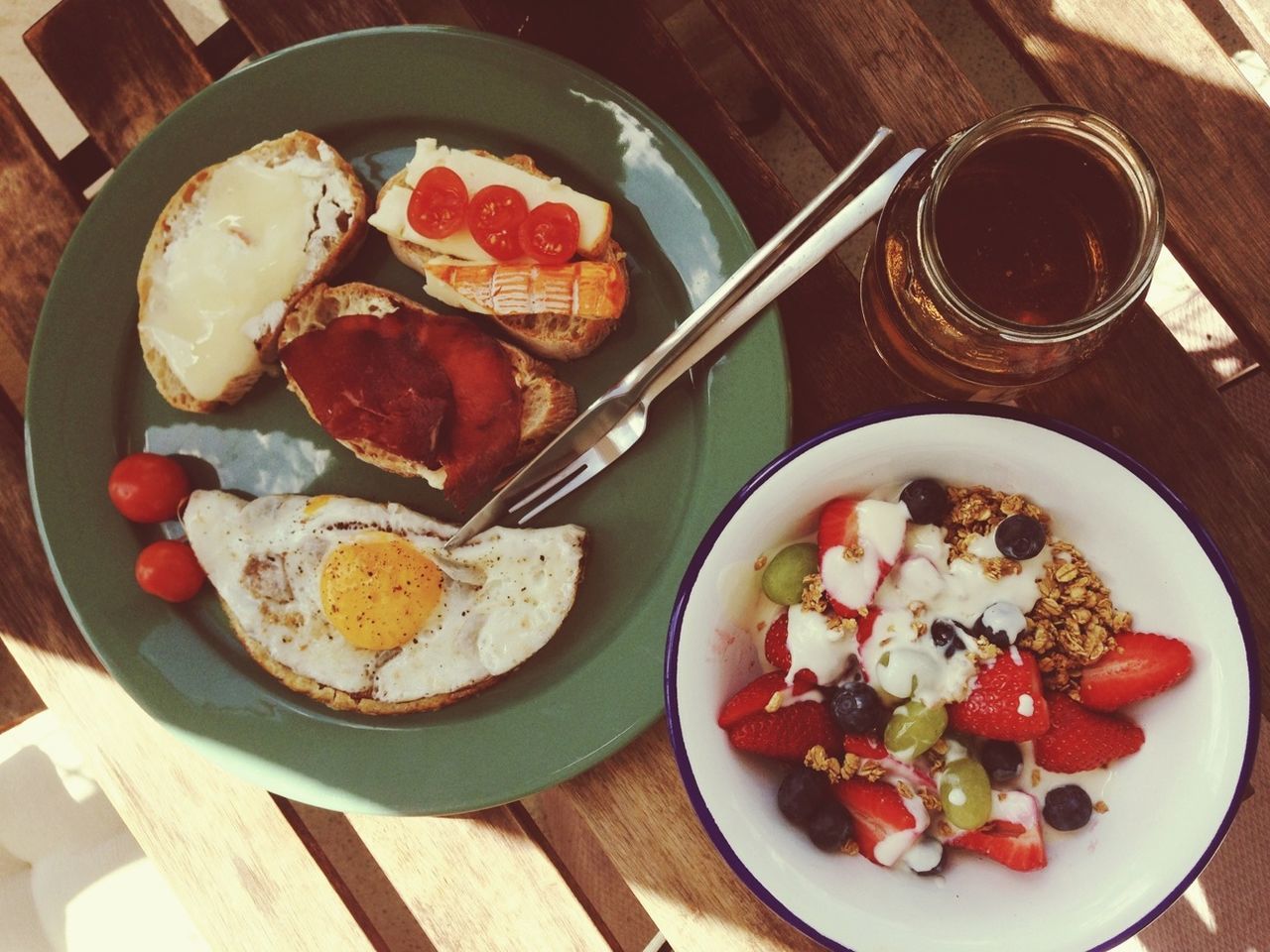 food and drink, food, freshness, indoors, plate, healthy eating, ready-to-eat, table, still life, bowl, high angle view, serving size, spoon, indulgence, red, drink, directly above, breakfast, meal, close-up