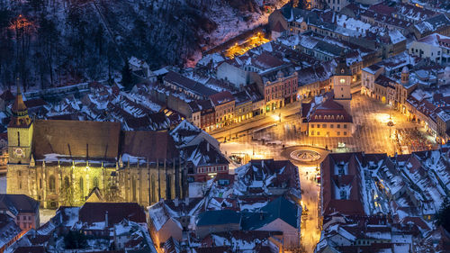 High angle view of illuminated buildings during winter