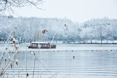 Scenic view of lake against sky during winter