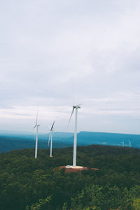 Wind turbines amidst trees against sky