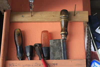 High angle view of tools on table