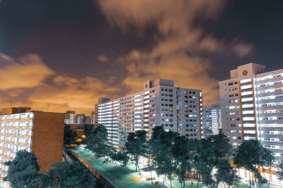 Illuminated buildings against sky in city