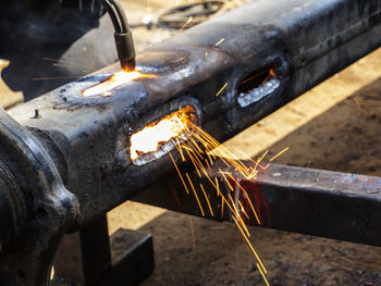 High angle view of metal being welded