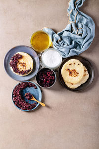 Directly above shot of breakfast served on table