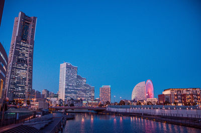 City at waterfront against blue sky