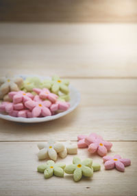 High angle view of candies on table