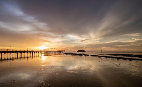 Scenic view of beach against sky during sunset