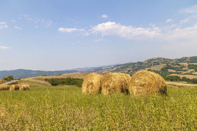 Hay bales on field against sky