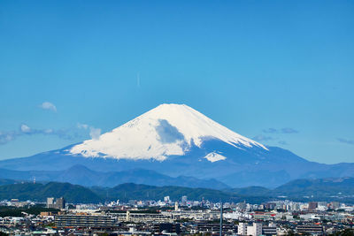 View of snowcapped mountains against blue sky