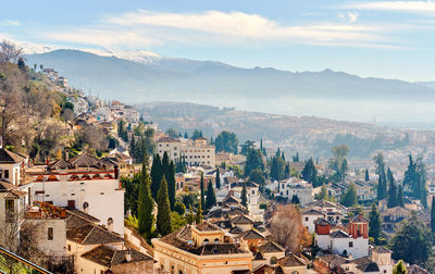 High angle shot of townscape against sky