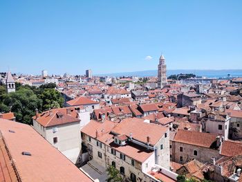 Aerial view of cityscape against clear blue sky