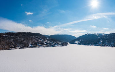 Scenic view of snowcapped mountains against sky