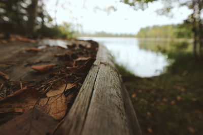 Close-up of wood by lake against sky