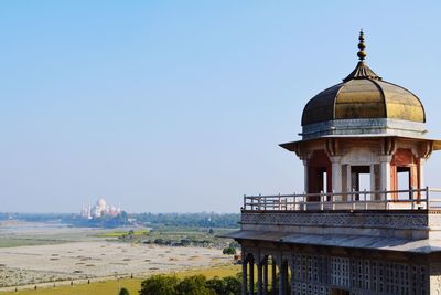 View of temple building against clear blue sky