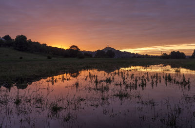 Scenic view of lake against sky during sunset