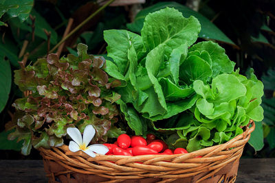 Close-up of vegetables in wicker basket on table