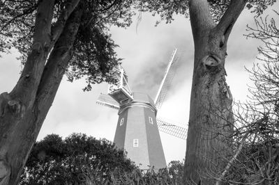 Low angle view of trees by traditional windmill