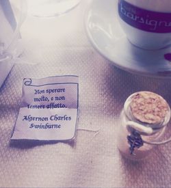 Close-up of coffee cup on table