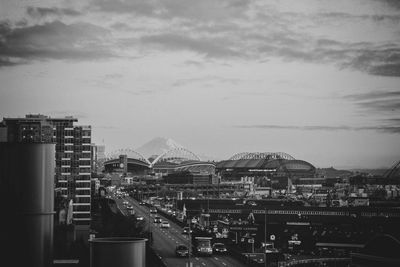Black and white high angle view of buildings against sky of seattle washington