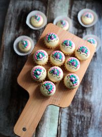 High angle view of cupcakes on table