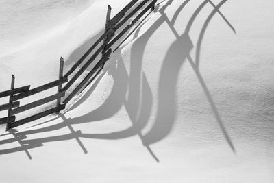 High angle view of fence on snowy field