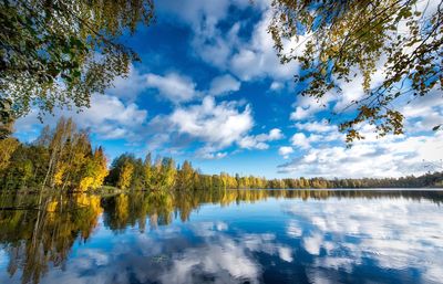 Reflection of trees in lake against sky