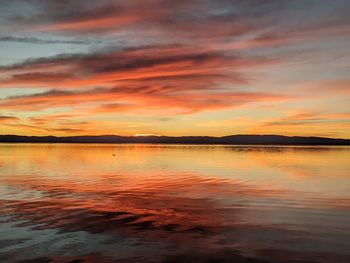 Scenic view of lake against romantic sky at sunset