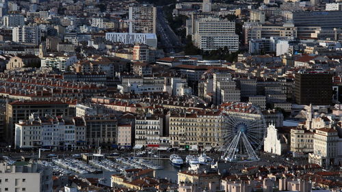 High angle view of buildings in city