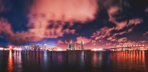 Panoramic view of illuminated buildings against sky at sunset