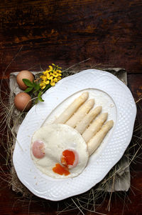 High angle view of breakfast in plate on table