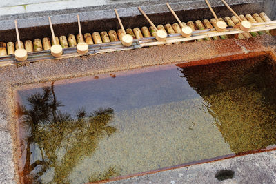 High angle view of wooden posts in water