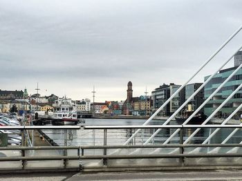 Bridge over river with buildings in background