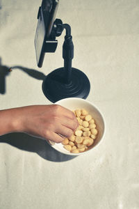 High angle view of person preparing food