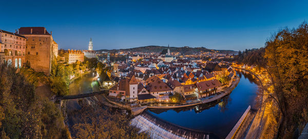 High angle view of city buildings at night