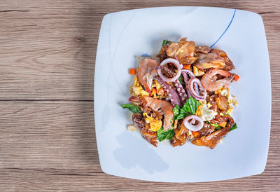 High angle view of food in plate on table