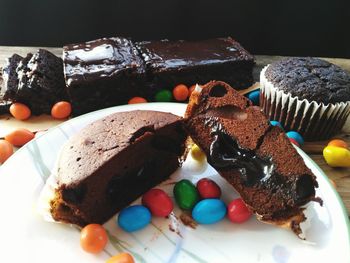 High angle view of cake in plate on table