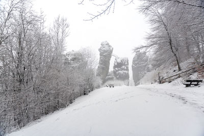 Snow covered landscape against sky